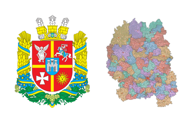 Герб Житомирської області та мапа формування об’єднаних територіальних громад області.