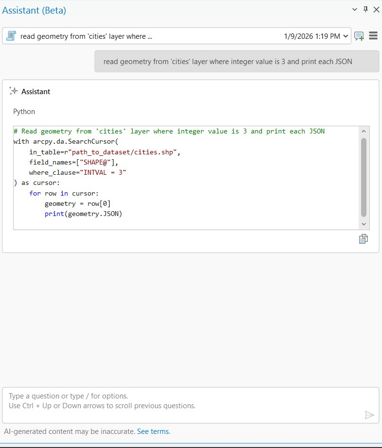 AI Assistant в ArcGIS Pro - приклад Python-скрипту arcpy для роботи з геоданими