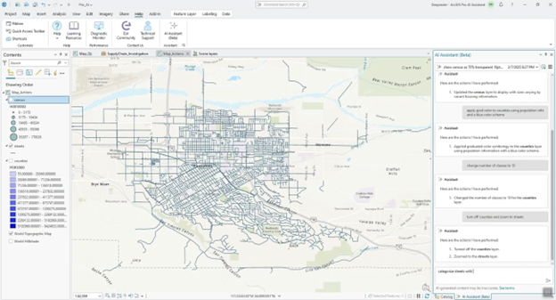 ArcGIS Pro — карта міста з використанням AI Assistant для аналізу просторових даних